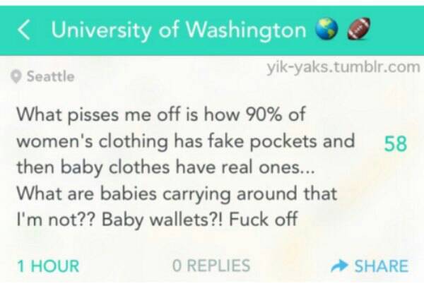 Funny meme about the frustration of women's clothing having no real pockets