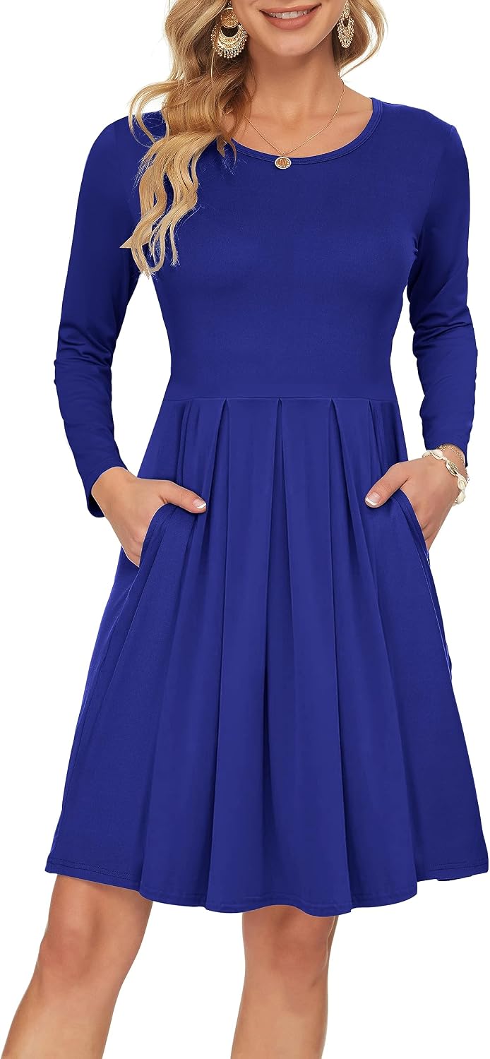 AUSELILY Long-Sleeve Pleated Swing Dress women's clothing with real, functional pockets