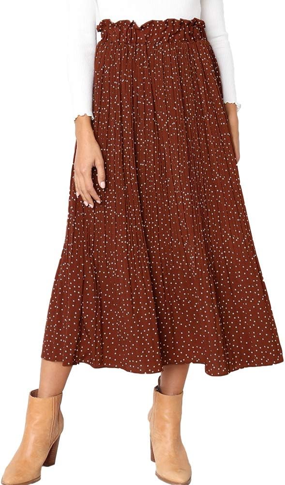 Exlura Polka Dot Pleated Swing Midi Skirt women's clothing with real, functional pockets