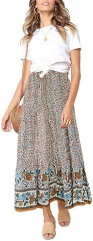 MEROKEETY Boho Floral Pleated A-Line Maxi Skirt women's clothing with real, functional pockets