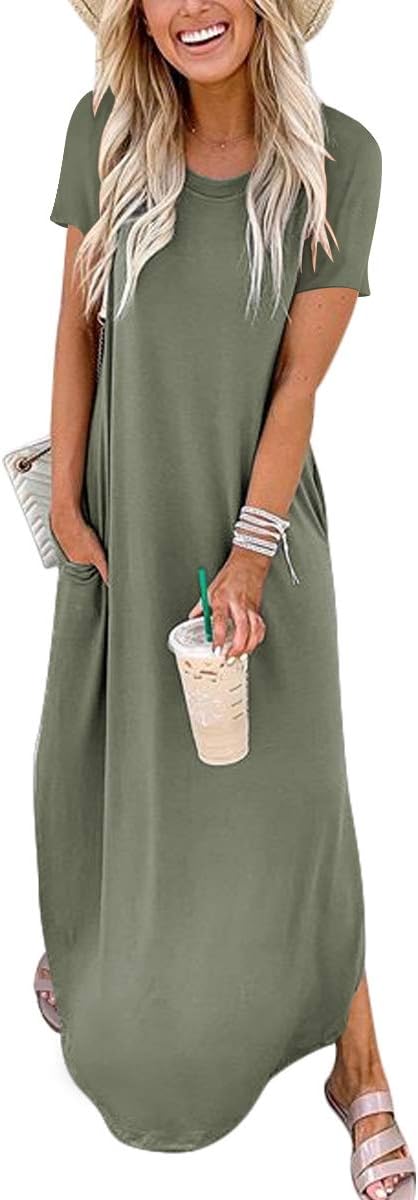 ANRABESS Short Sleeve Split-Hem Maxi women's clothing with real, functional pockets