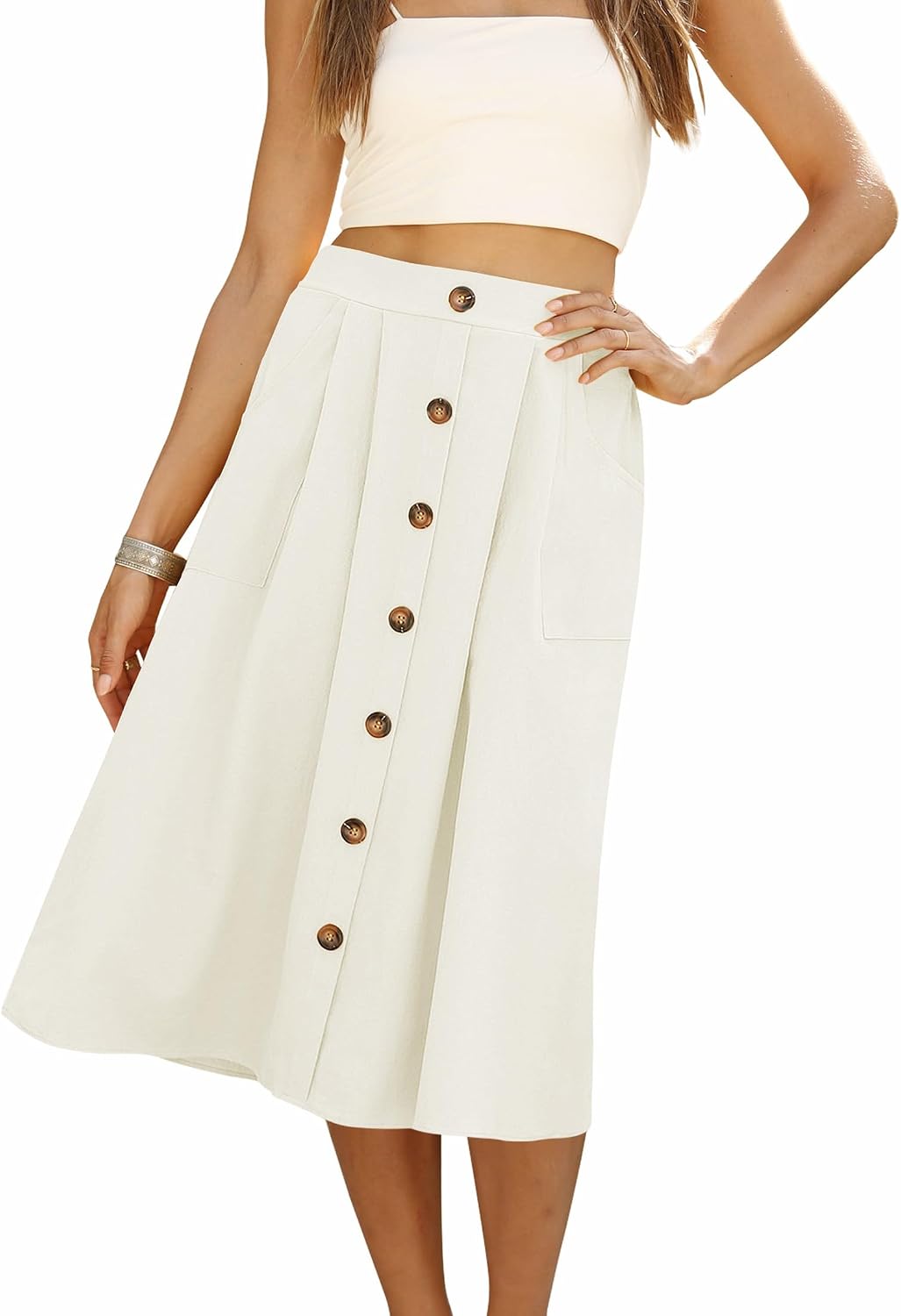Naggoo Button-Front A-Line Midi Skirt women's clothing with real, functional pockets