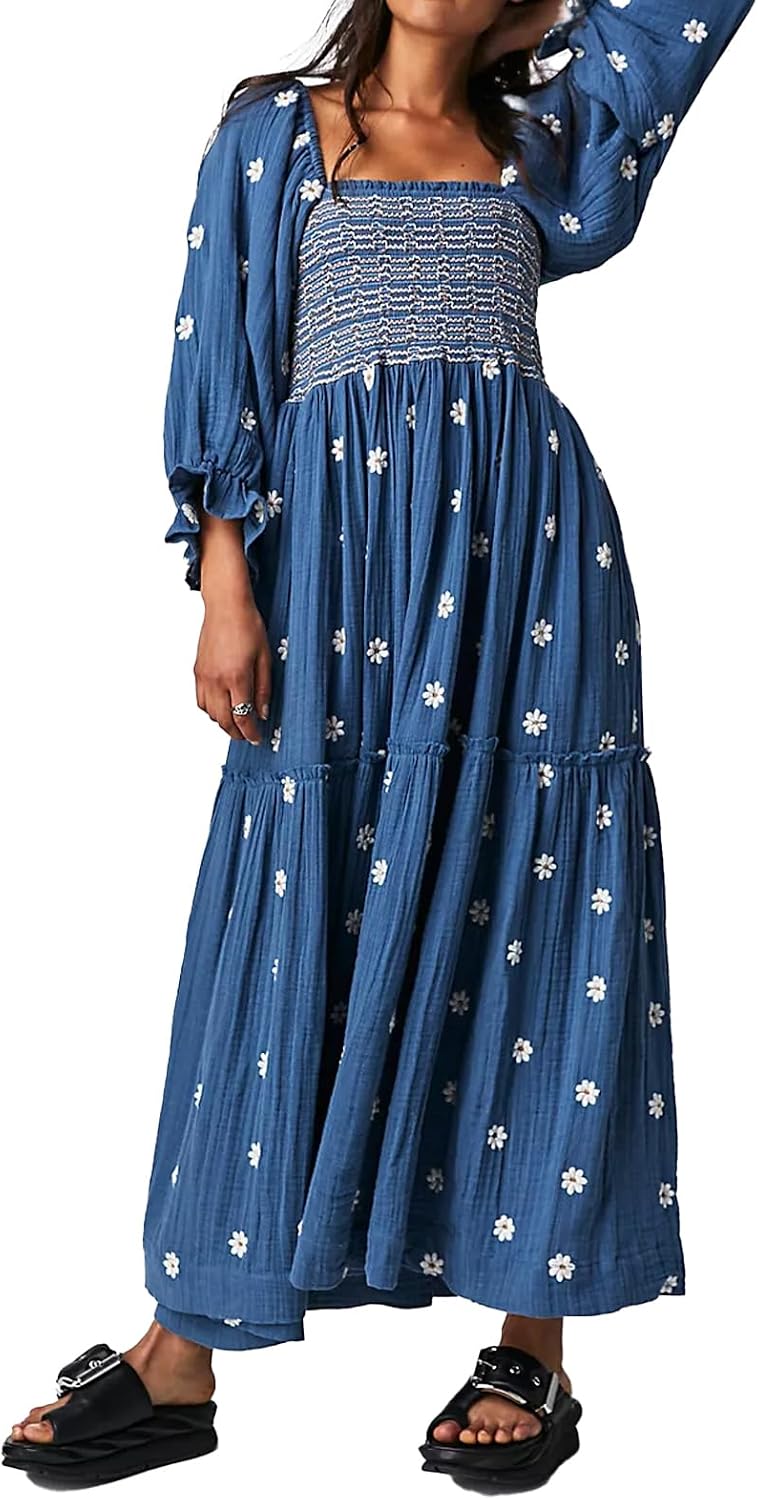 ABYOVRT Embroidered Puff-Sleeve Maxi women's clothing with real, functional pockets
