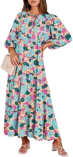 ANRABESS Teal Boho Floral Puff-Sleeve Maxi Dress women's clothing with real, functional pockets