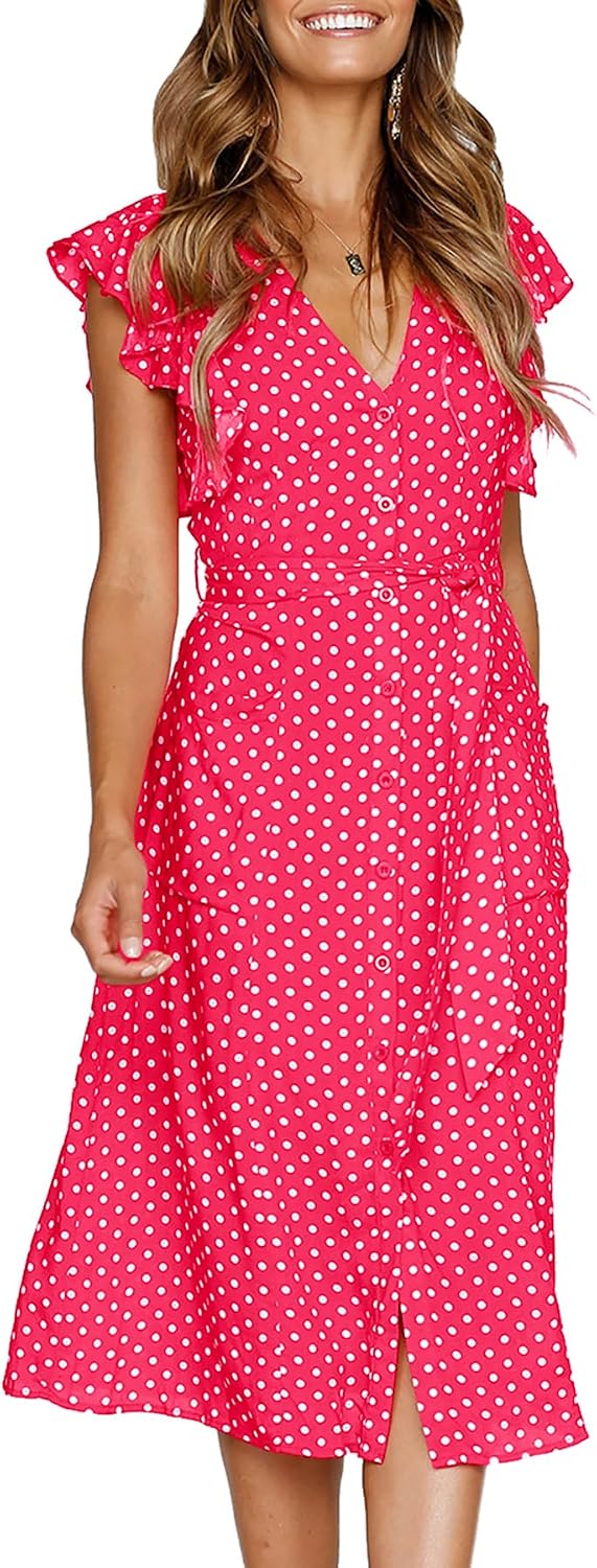 MITILLY Polka Dot Ruffle Midi Dress women's clothing with real, functional pockets