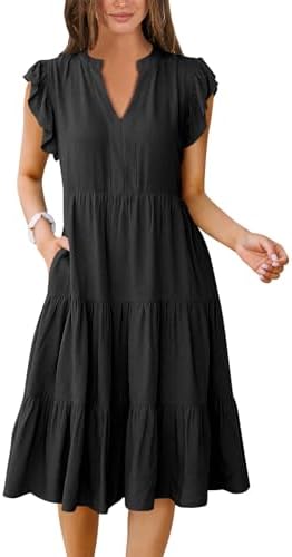 ANRABESS Ruffle Sleeve V-Neck Midi Dress women's clothing with real, functional pockets