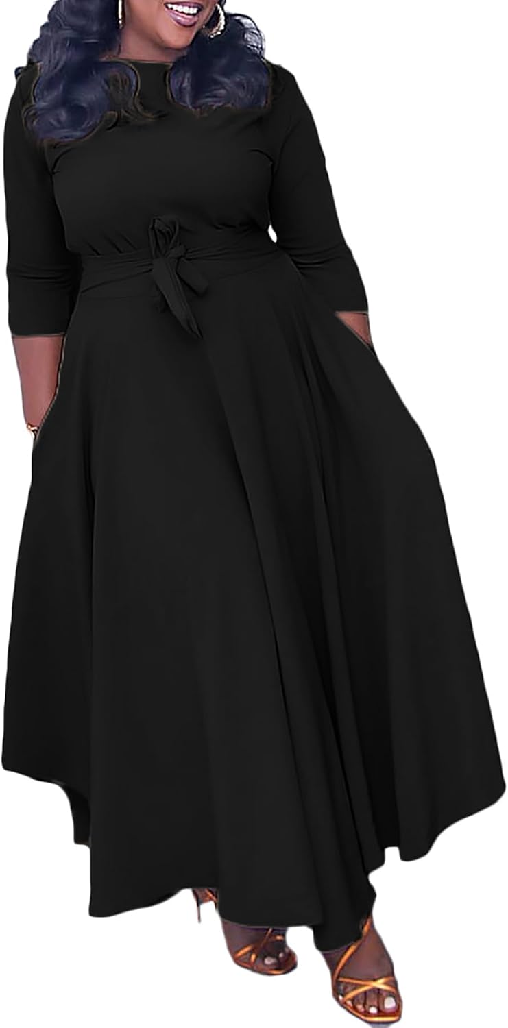 Baczoe Plus Size Tie-Waist Maxi Dress women's clothing with real, functional pockets