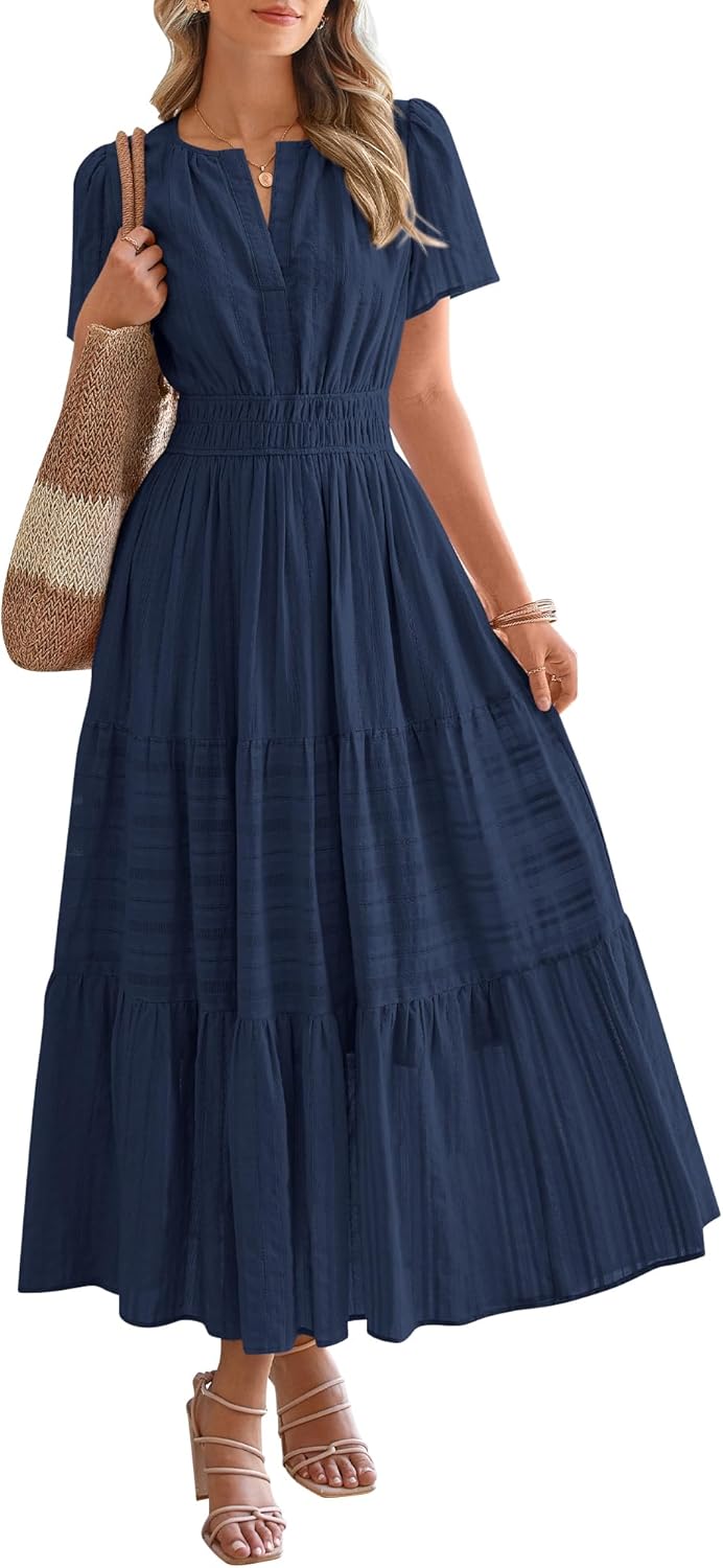 BTFBM Elastic-Waist Boho Midi women's clothing with real, functional pockets