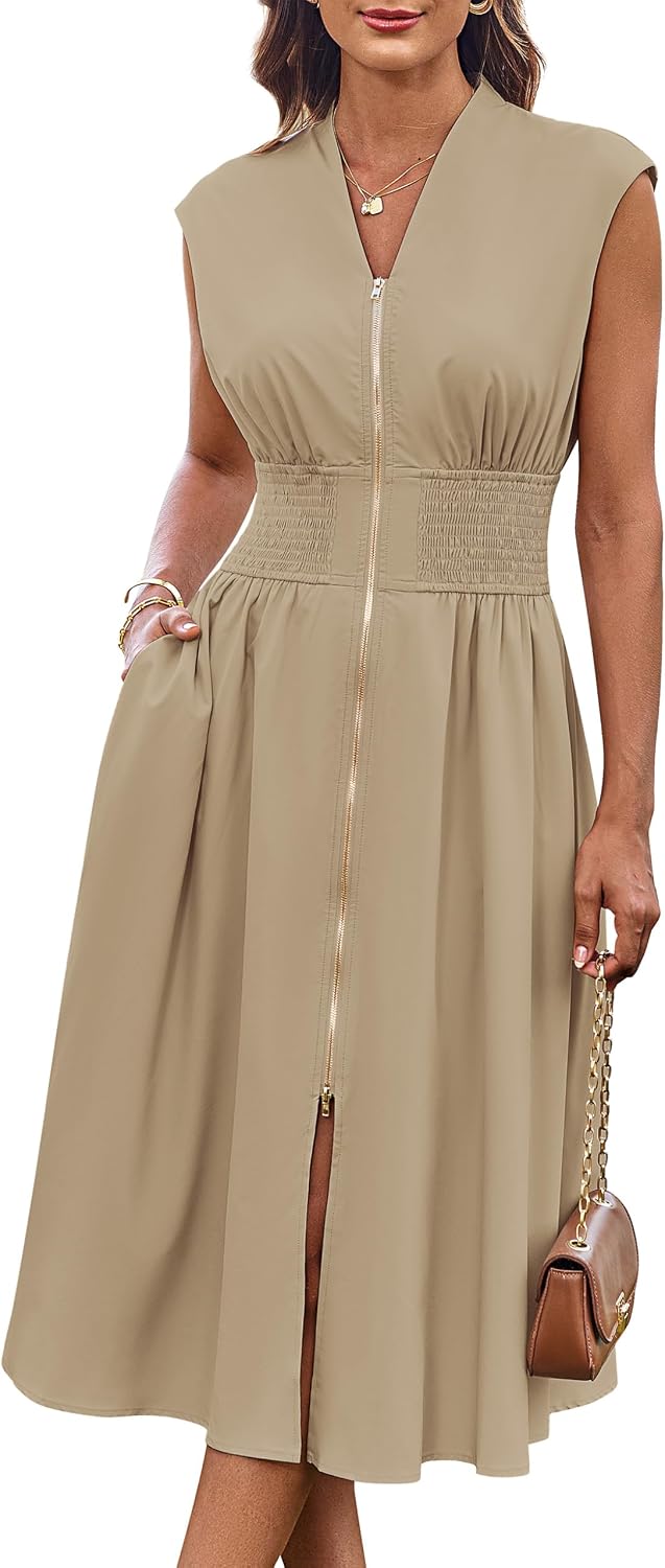GRACE KARIN Zip-Front Smocked-Waist Midi women's clothing with real, functional pockets