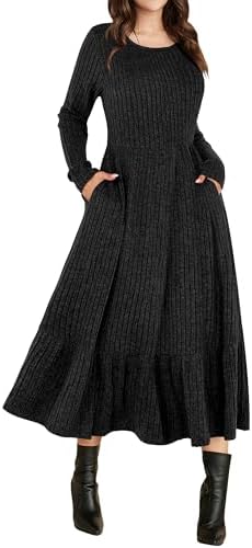 ANRABESS Rib Knit Long Sleeve Swing Dress women's clothing with real, functional pockets
