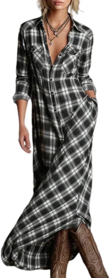 YTINGNICE Plaid Button-Down Maxi Dress women's clothing with real, functional pockets