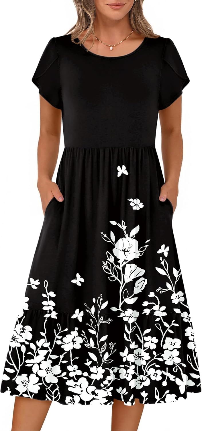 HOTOUCH Boho A-Line Midi T-Shirt Dress women's clothing with real, functional pockets