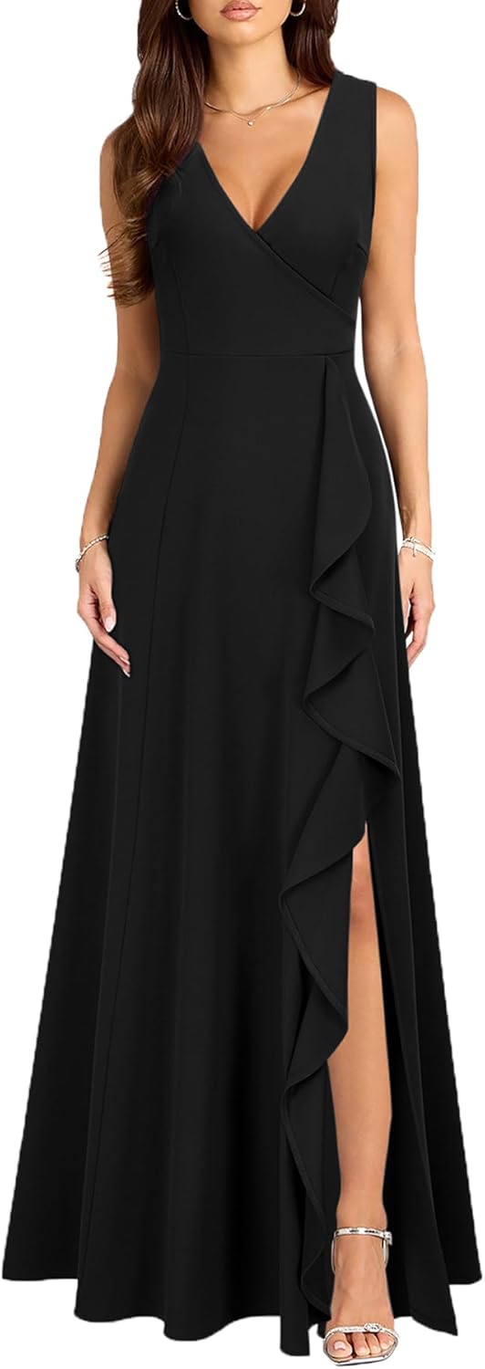 MUSHARE V-Neck Split Cocktail Maxi women's clothing with real, functional pockets