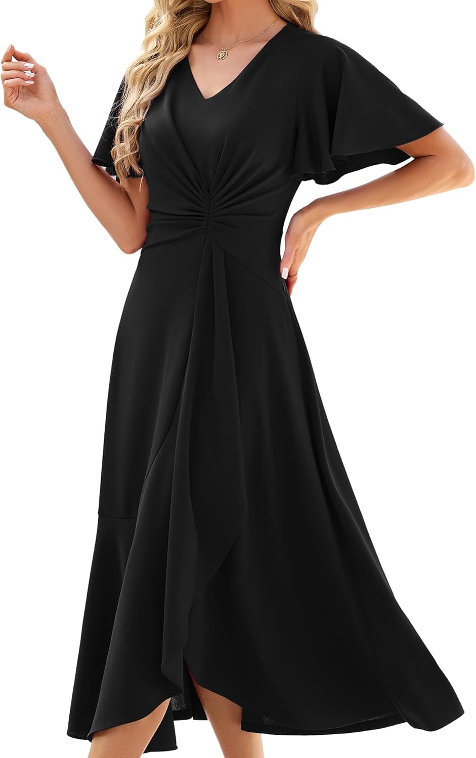 QMZ Flutter-Sleeve Twist Midi women's clothing with real, functional pockets
