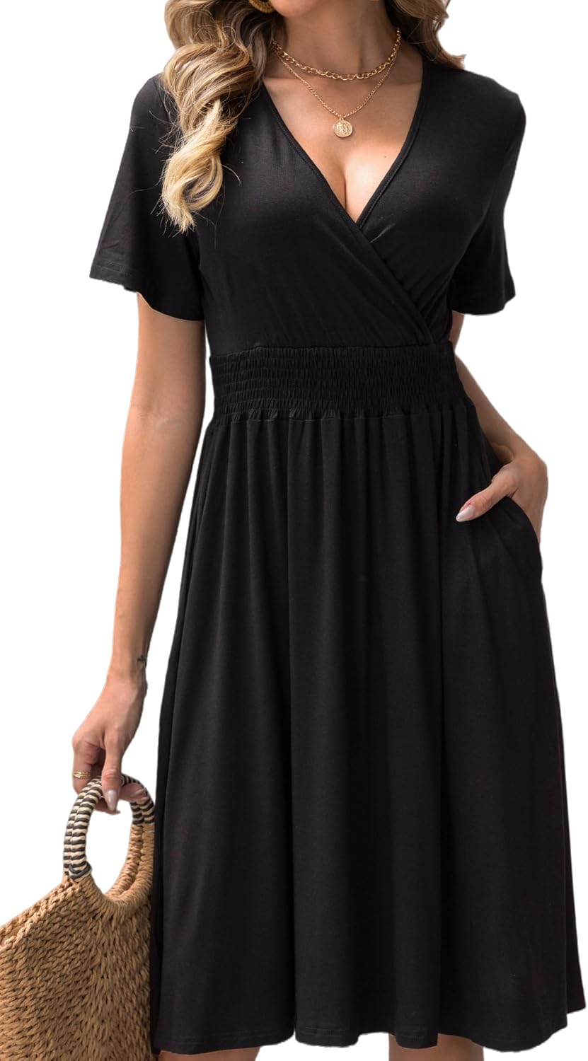 HEBELD Wrap V-Neck Midi Dress women's clothing with real, functional pockets