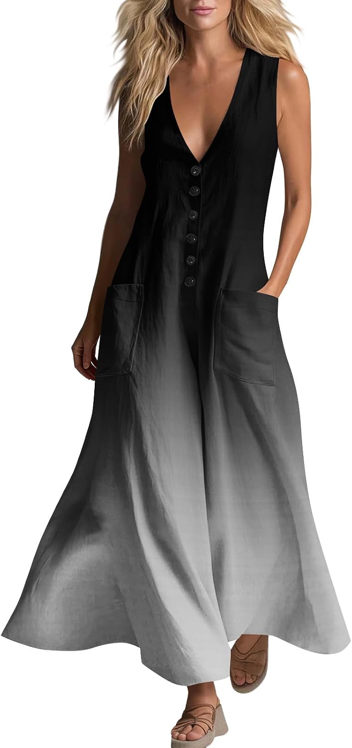Ruziyoog V-Neck Boho Maxi Sundress women's clothing with real, functional pockets