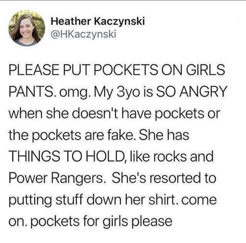 Viral Twitter meme comparing the tiny size of women's pockets to the large size of men's pockets