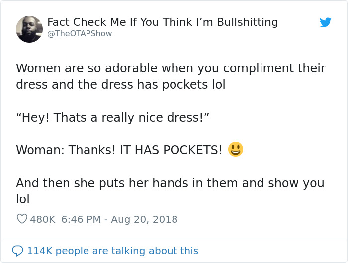 Meme about finding a cute dress that actually has real functional pockets