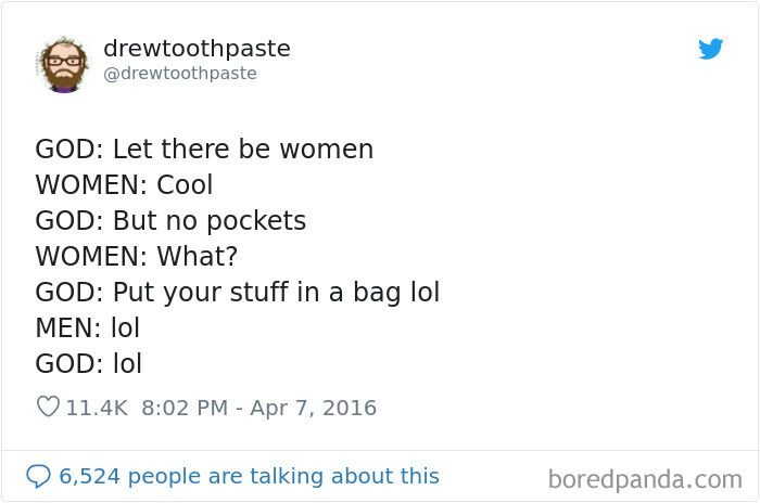 God designing women's clothing and deciding to skip the pockets, funny women's fashion meme