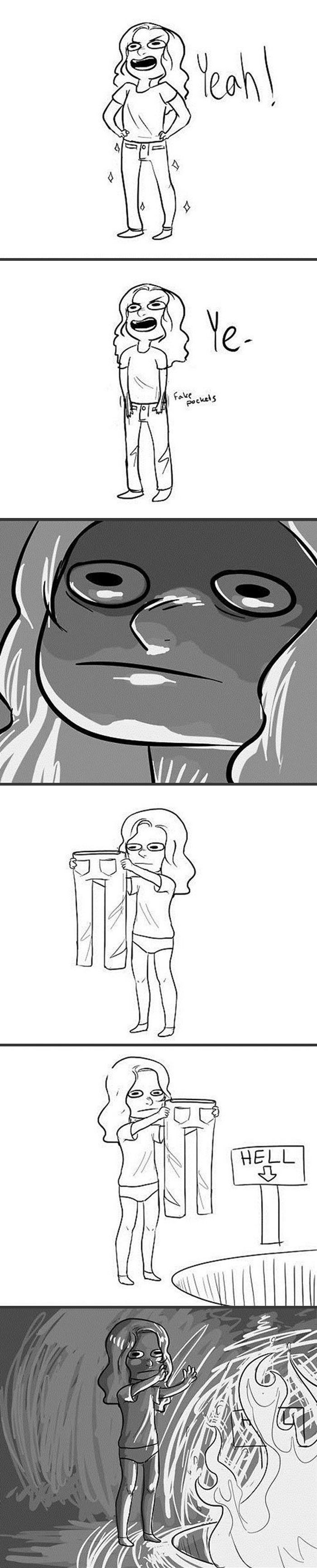 Meme showing that women's pockets are basically useless decorative fabric, fashion hell