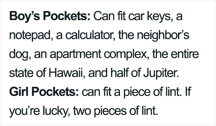 Meme about women's pockets only being large enough to hold lint and disappointment
