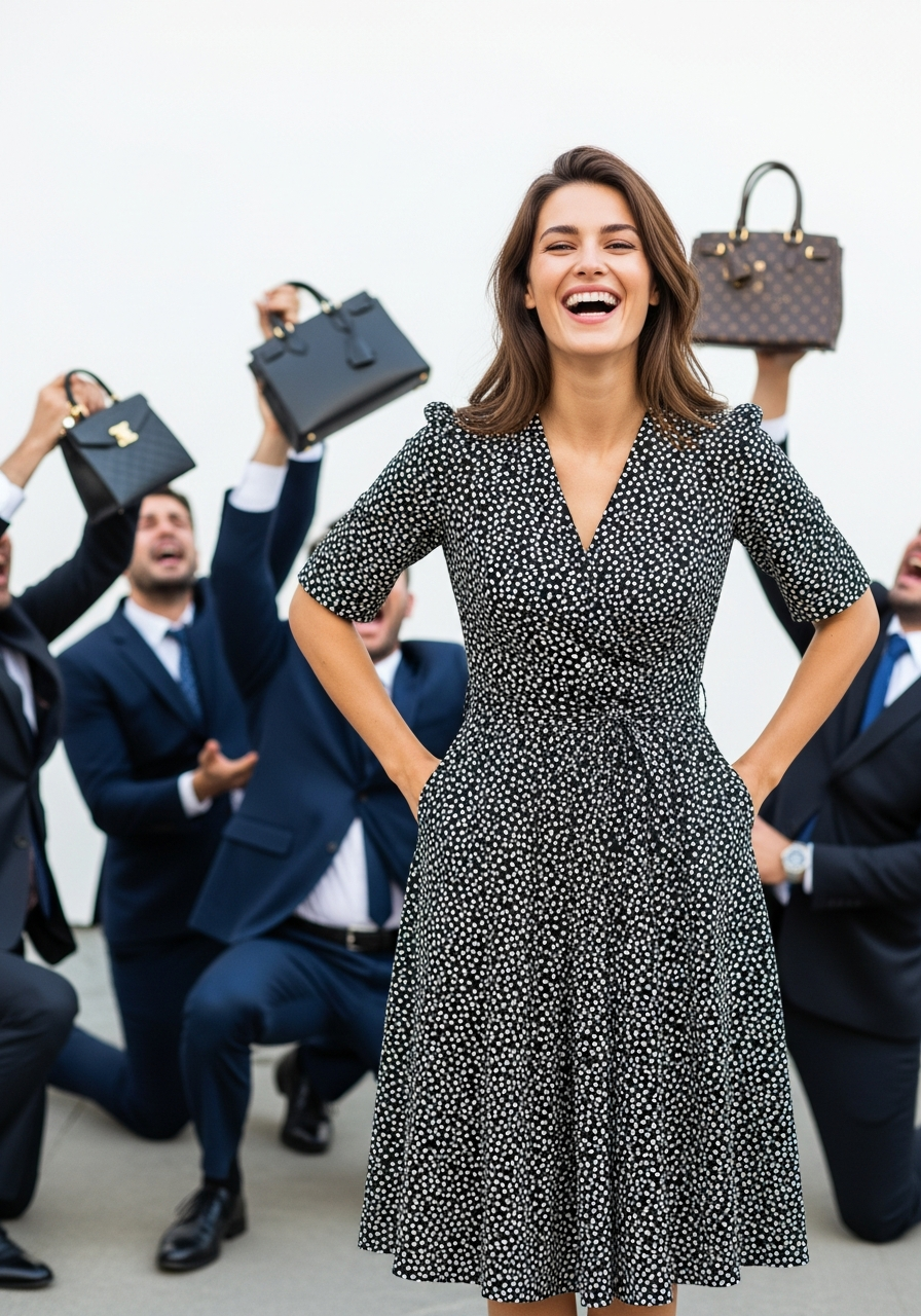 A woman laughing with hands in her dress pockets while suited men desperately offer her designer handbags she doesn't need