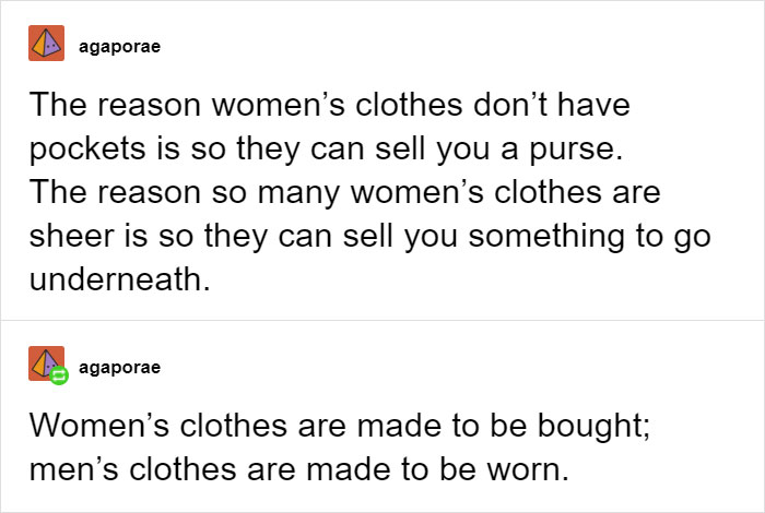 Meme about women being forced to carry a purse because their clothes have no usable pockets