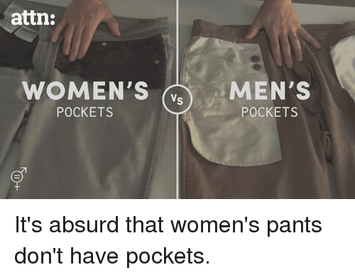 Side-by-side comparison meme of women's pockets vs men's pockets showing the dramatic size difference