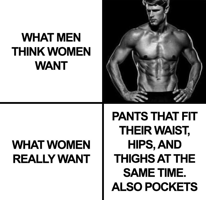 Meme showing women just want real pockets in their clothes, fashion industry ignoring obvious demand